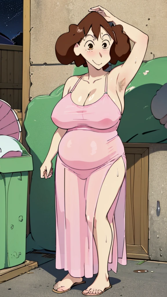 Misae Nohara, (Auntie:1.5), (Mature Woman:1.5), (absurderes, 8K, 4K, masutepiece, hyper extreme detailed:1.2), Best Quality, Perfect Anatomy,Perfect face,High humidity, (Huge breasts:1.7), (A sheer pink nightgown:1.4), (Wet:1.2), (.Alley:1.3), Graffitied wall, Garbage can, Scattered trash, (alone:1.5), (Brown eyes:1.2), (Clothing is revealing:1.2), Exposed shoulders, Torn clothes, Are pregnant, Firm breasts, Upturned nipples, Showing cleavage, Mole on chest, (Thick armpit hair:1.4), (blush:1.2), A kind smile, relief, peace of mind, (maternal:1.3), (Gentle look:1.5), Smiling face, (Outdoor:1.5), (Out:1.3), half closed eyes, naughty face