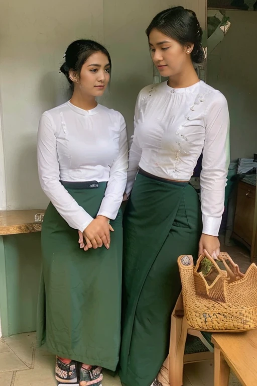 2 school teachers is 30years old.Tall, thin, big hips, big breasts, black hair, small lips, brown eyes, attractive, K.Top=white Burmese blouse,With long sleeves,Buttoned at the side.Bottom=(Dark green) long skirt.
Footwear=female Burmese sandals,The hair is knotted bun.