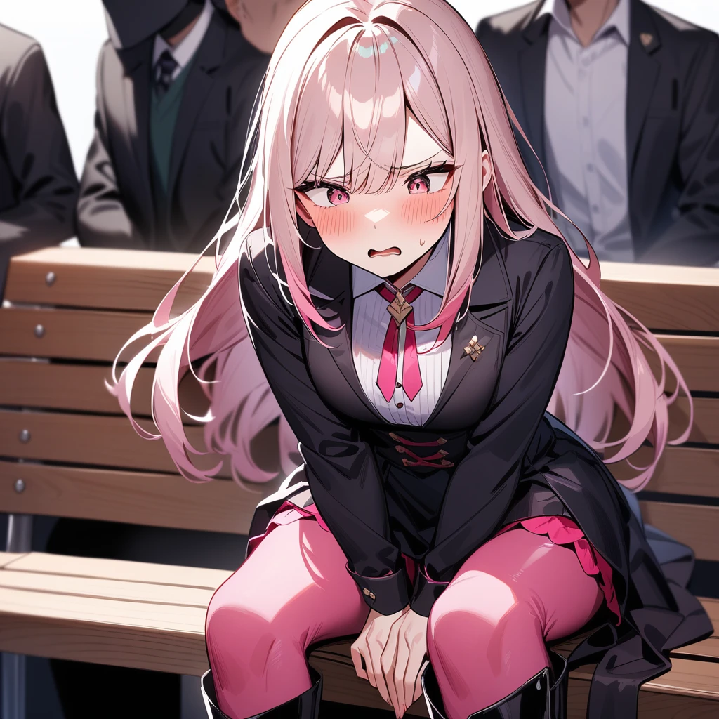 beautiful woman, pink tights, black thigh high boots, beautiful outfit, she is desperate to pee, hands on her crotch, sitting beside a boy in a class on the same bench, annoyed ,embarrassed , best quality, both looking straight