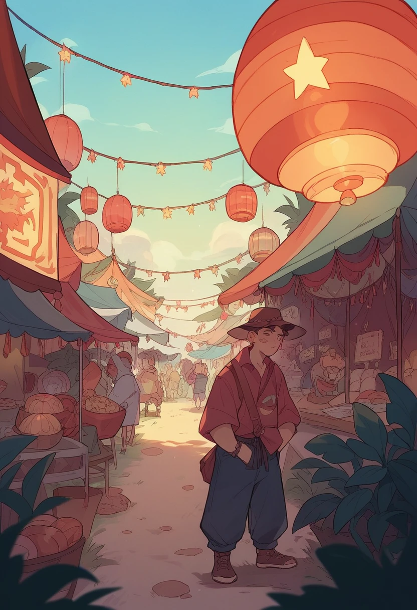 festival,Row of lanterns,Gravel road,evening