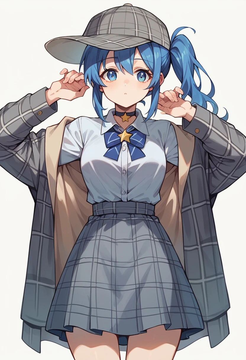 1girl, solo, detailed face,SuiseiBase, plaid beret, crown, blue star choker, star earrings, blue ascot, plaid jacket, plaid skirt, layered skirt, partially fingerless gloves, star bracelet, uneven legwear, thigh strap,(bike shorts),looking viewer,grin,small breasts,standing,indoor,sweating