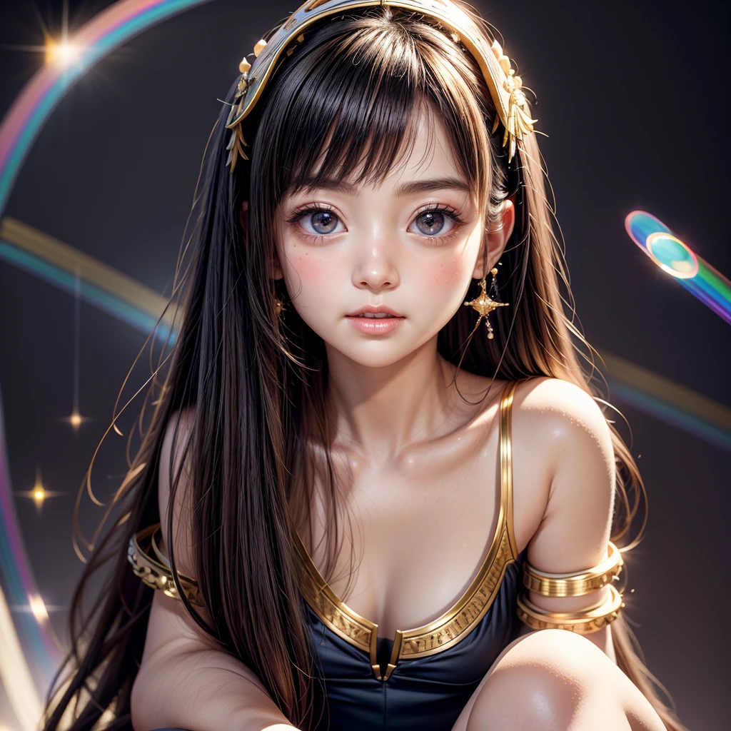 NSFW, 8k, High-level, absurd, masterpiece, best quality, primitive, very detailed CG, very detailed wallpaper, perfect lighting, Extremely detailed ((( personifying " Cleopatra " as a  Girl))), MysticSight, Tyndall effect, Tyndall scattering, (Studio gray background with (Overflowing oodles Dazzling RainbowColorParticles (BokeH))), (RoundlyButts, ThighGap), (Exposed:0.4), (Assfocus with looking ahead) BREAK  (Acutance:0.88), (NOGIZAKA face variations) Extremely Detailed very KAWAII face variations, perfect anatomy, Childish, CaptivatingGaze ElaboratePupils detailed Eyes with (sparkling highlights:1.28), (Voluminous LongEyelashes:0.88)、GlossyRED Lips with beautiful details, RosyCheeks, Radiant PearlSkin with Transparency . { (Dynamic LifeLike expressions:1.4) | (:d) }, (large eyes:-1) .