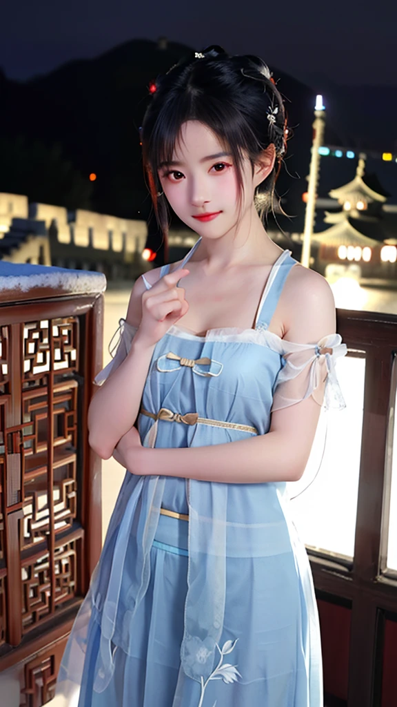 Chinese Theme, raw color photo, Medium shot, Practical, 1 Girl, A 21-year-old girl, On the Great Wall, Hanfu, best quality, delicate eyes, Beautiful and symmetrical face, slim, Detailed buttocks, breast,  innocent expression,  photoPractical, light, at night, Dynamic_color_scope，
露出中等的breast，Showing moderate cleavage，浅绿色的short hair，short hair，short hair，Red eyes，