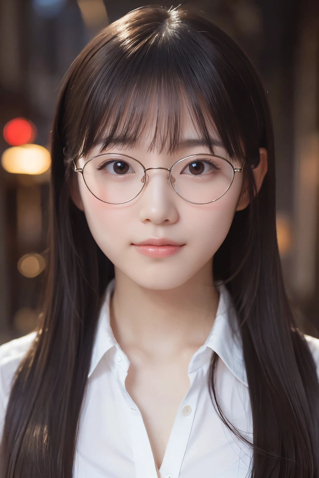 (Highest quality、Tabletop、8k、Best image quality、Award-winning works)、One beautiful woman、Age 25、Perfect beautiful composition、(Classy glasses:1.1)、(Cleavage:1.1)、Breasts so big that they almost burst、Accentuate your body lines、(Perfect and precise white polyester shirt:1.3)、look at me、(sexy look:1.1)、Perfect Makeup、Charm、sexy、Lustrous and bright lips、Accurate anatomy、(Face close-up:1.5)、look at me、(The most atmospheric entertainment district lighting:1.1)、(Moody and romantic atmosphere blurred red light district street background:1.2)、Perfect Makeup、Ultra-high definition beauty face、Ultra HD Hair、Ultra-high-precision moisturizing アイエリア、(Ultra High Resolution Perfect Teeth:1.1)、(Ultra-high resolution glossy skin:1.1)、Super high quality glossy lip