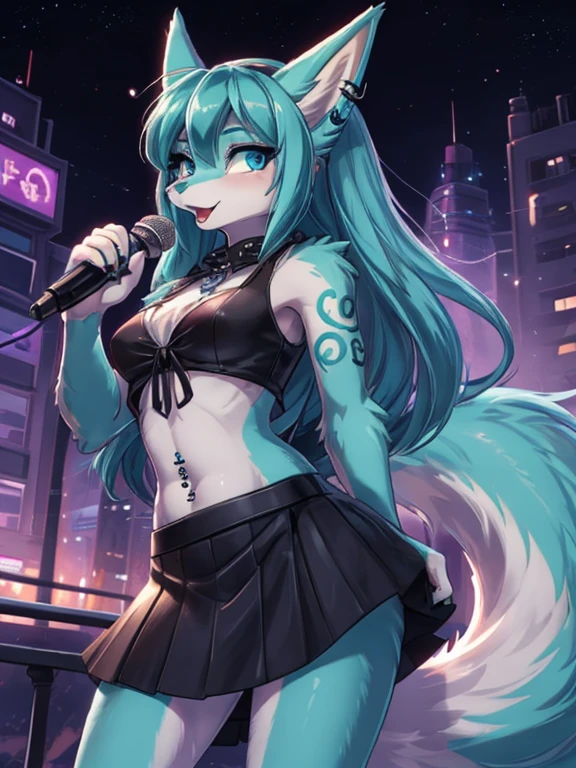 Chica anime,tennage girl 18 years old, anime style, cute hatsune miku x suicune, shy girl , Orejas de Kitsune, arte de dark natasha, city landscape, arte de vixen aztra, cuerpo completo, patas hermosas, cintura delgado, caderas amplias, navel blouse, black&gold skirt, navel piercing, ear piercing, navel tattoo, atrevid pose, back pose, fluffly tail, sensual eyes (la mejor definicion) long hair, black flash, city party, city night life, party girl, idol girl, girl with microphone singing, deep blue eyes (HD), back pose