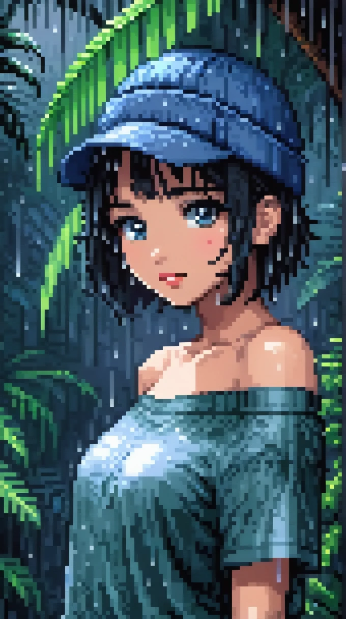 pixel art, Pixel sorting, Masterpiece, cute girl pictures, Heavy rain in the tropical forest, Blue-gray atmosphere, 1 girl, loose shirt, Fewer shoulders, off shoulder, covered nipples, beanie hat, lips, nose, black hair, short hair, black background, seductive smile