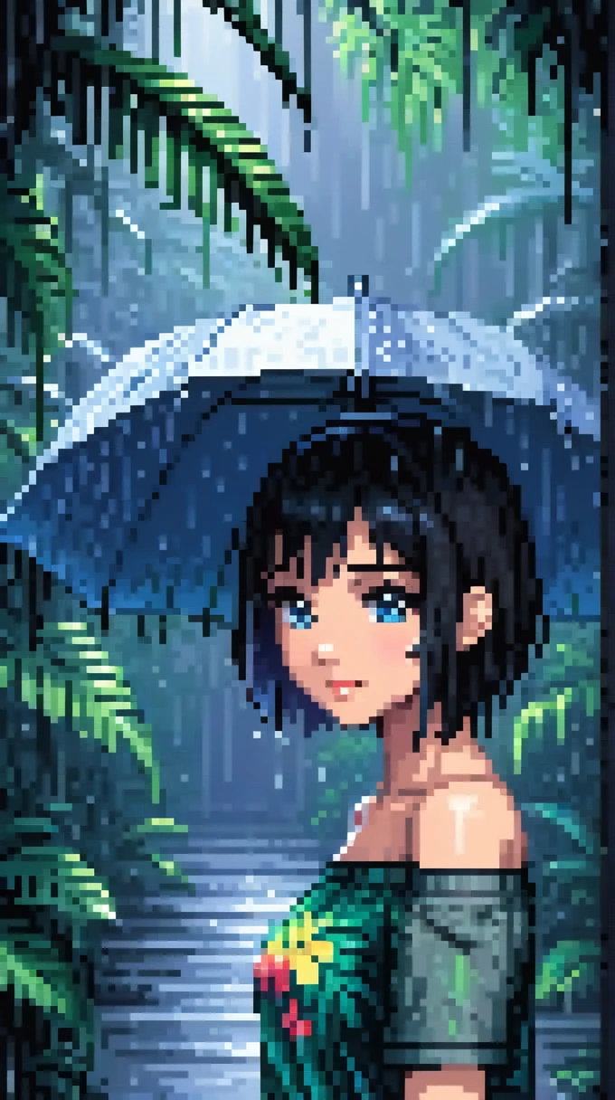 pixel art, Pixel sorting, Masterpiece, cute girl pictures, Heavy rain in the tropical forest, Blue-gray atmosphere, 1 girl, loose shirt, Fewer shoulders, off shoulder, covered nipples, beanie hat, lips, nose, black hair, short hair, black background, seductive smile