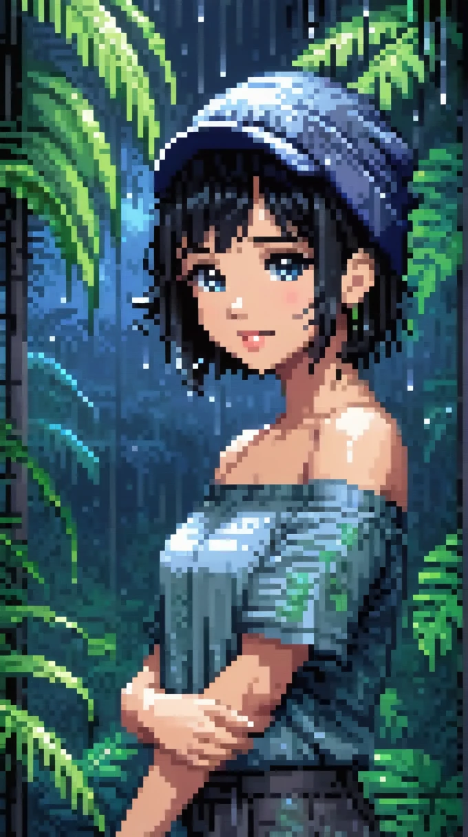 pixel art, Pixel sorting, Masterpiece, cute girl pictures, Heavy rain in the tropical forest, Blue-gray atmosphere, 1 girl, loose shirt, Fewer shoulders, off shoulder, covered nipples, beanie hat, lips, nose, black hair, short hair, black background, seductive smile