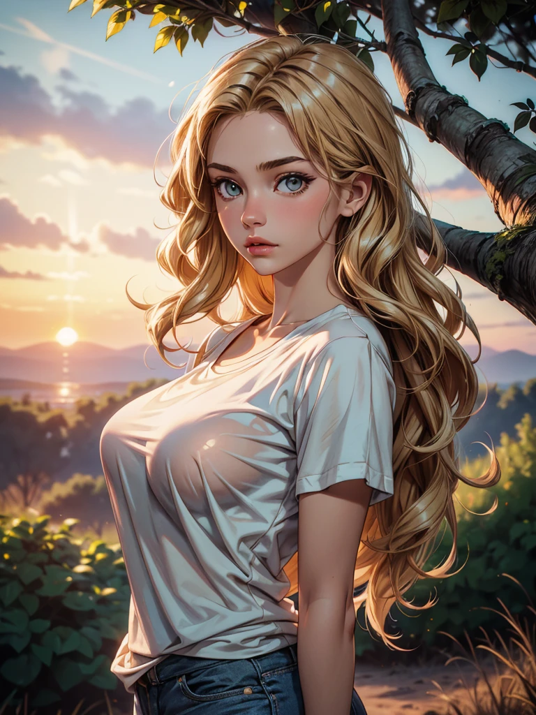 (1 girl), large tanned breasts, wavy blonde hair, translucent t-shirt, stunningly beautiful girl, in a natural environment with trees, sunset
