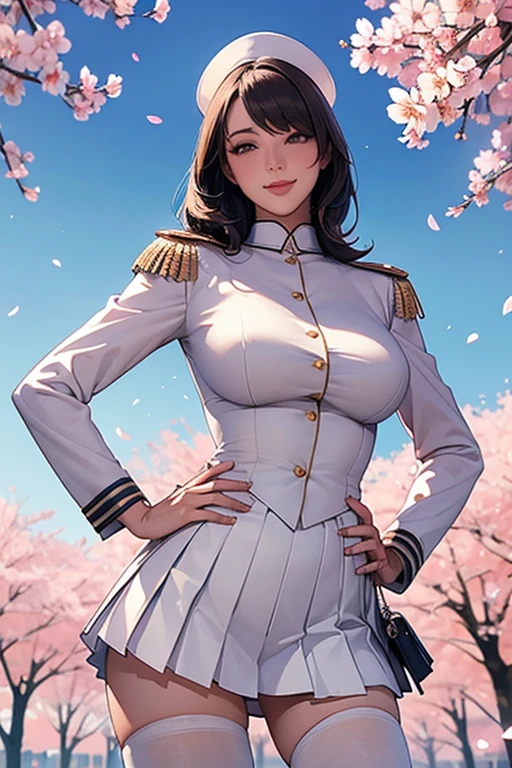 masterpiece, best quality, nmascot, epaulettes, uniform, pleated skirt, white thighhighs, medium breasts, looking at viewer, upper body, petals, cherry blossoms, light smile, sky, clouds, hands on hips, beautiful hands