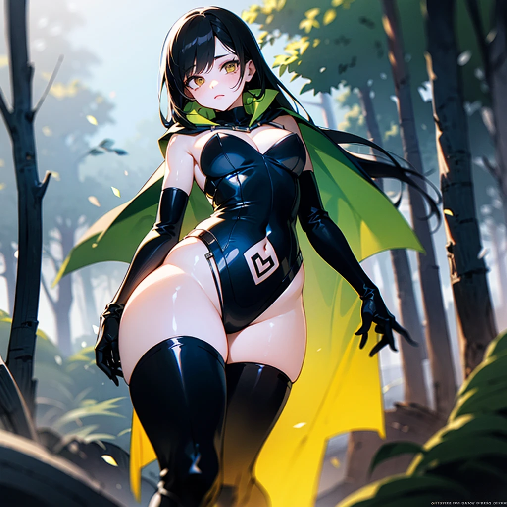 (dark hair with slight blue hue, long hair) , yellow slit eyes, in forest, tight leotard open from cleavage to below navel, large breast hardly contained, small green cape over her right shoulder, thigh-high boots, green gloves, snake tattoo on left leg and scales tattoo under her left eye,nice lighting [ Detailed lighting, detailedshadows, 4K, high-quality, breathtaking, super detailing， high detal, tmasterpiece, official art, captivating visual, extremely detailed CG unity 8k wallpaper, very fine 8K CG wallpaper, cold look ] 