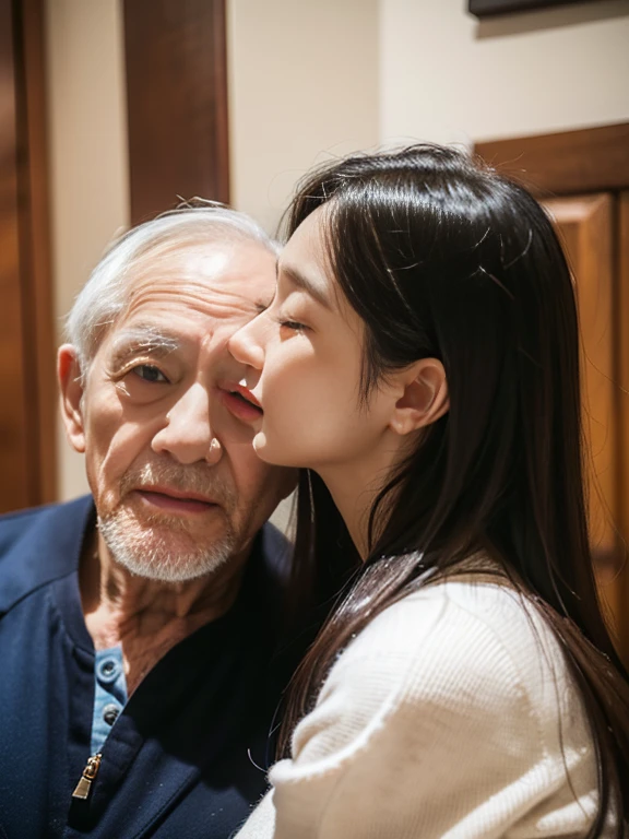 A Chinese man and a young Korean woman are kissing, age difference, age difference, giant size, ((80 year old man, cao 1m80, bearded, Wrinkles on man's face, muscular body, smiling face, body full of hair, broad shoulders, eo hẹp, 8-pack abs, hug standing, squeeze the girl's chest)), ((18 years old sexy young girl, cao 1m60, small size and skinny, long black hairstyle, face red because of embarrassment, tư thế tình dục, kiss, ngực F cup)), 40 year old man, A young girl, sea, wooden hut, Detailed face, thực tế, ngực, nude, tình dục, see-through tank top, large chest groove, small areola; full body photo, The man kisses the girl's neck