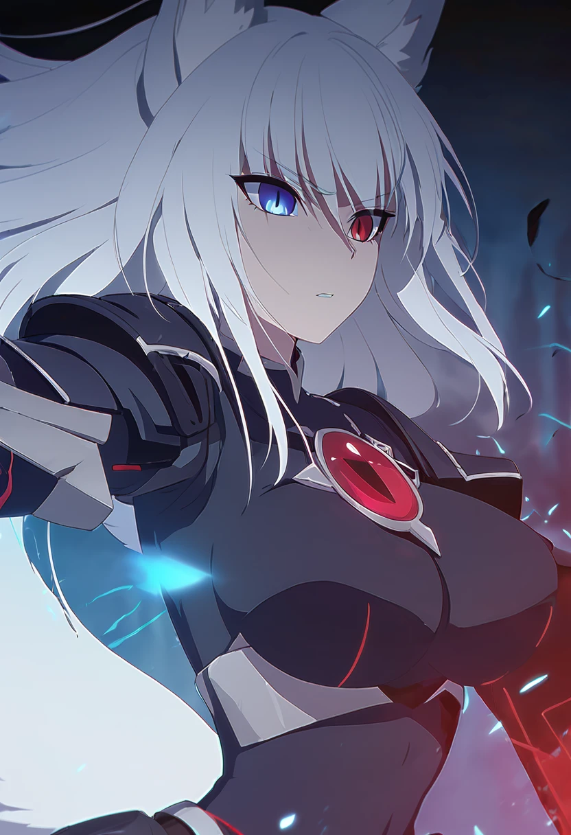 a beautiful blue and black kitsune, big breasts, long white hair, slim waist, detailed portrait, intricate details, dramatic lighting, mystical, elegant, sensual, long white tail, heterochromia(one blue eye,one red eye),wearing armor,attacking pose, eyes,surrounded by blue energy, uno de los ojos brilla intensamente, Behind her opened a huge ball of dark red energy., temdria una mirada seria y feroz