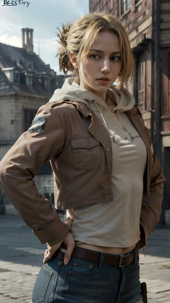 (bestquality,masterpiece), AnnieAOT, solo, hood, hoodie, paradis_military_uniform, jacket, uniform, emblem, feathers, upper body, thigh, hands on hip
