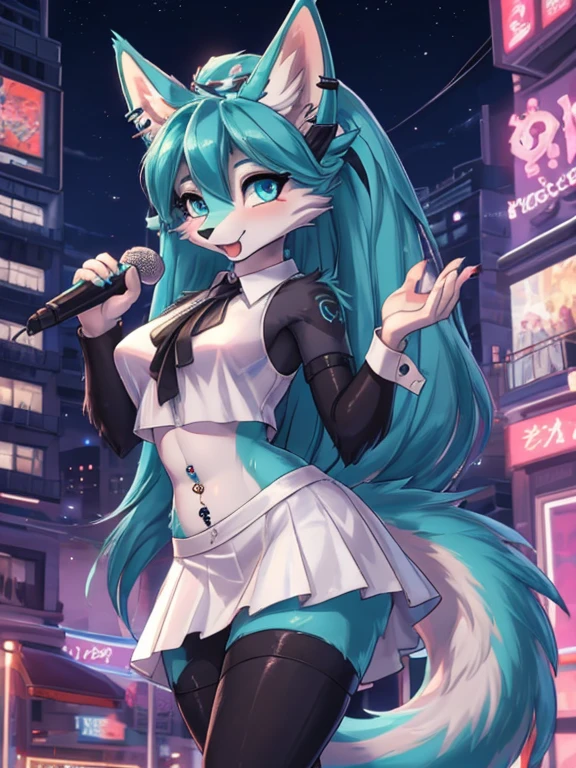 Chica anime,tennage girl 18 years old, anime style, cute hatsune miku x suicune, shy girl , Orejas de Kitsune, arte de dark natasha, city landscape, arte de vixen aztra, cuerpo completo, patas hermosas, cintura delgada, caderas amplias, navel white blouse, white&pink skirt, navel piercing, ear piercing, navel tattoo, atrevid pose, back pose, fluffly tail, sensual eyes (la mejor definicion) long hair, black flash, city party, city night life, party girl, idol girl, girl with microphone singing, deep blue eyes (HD), white&pink dress