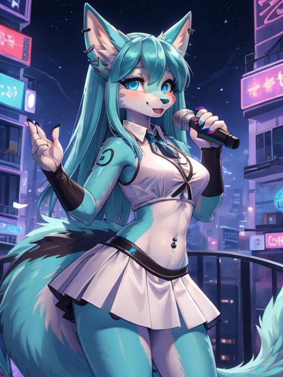 Chica anime,tennage girl 18 years old, anime style, cute hatsune miku x suicune, shy girl , Orejas de Kitsune, arte de dark natasha, city landscape, arte de vixen aztra, cuerpo completo, patas hermosas, cintura delgada, caderas amplias, navel white blouse, white&pink skirt, navel piercing, ear piercing, navel tattoo, atrevid pose, back pose, fluffly tail, sensual eyes (la mejor definicion) long hair, black flash, city party, city night life, party girl, idol girl, girl with microphone singing, deep blue eyes (HD), white&pink dress