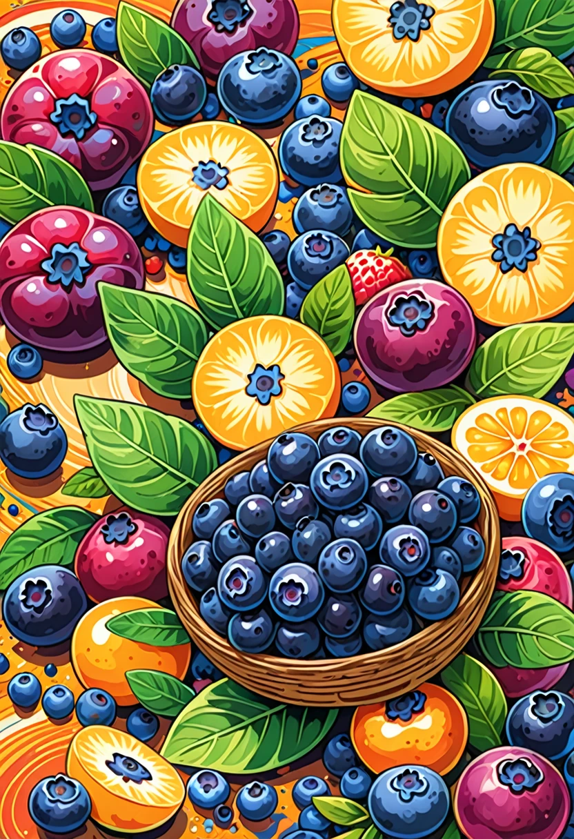 Vector art, Lots of colorful illustrations of blueberries, in the center, Vibrant colors, High detail,Hawaiian style background