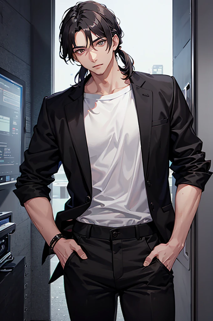 A 20 year old man, his hair is long, his hair is tied back, his hair is a little in front of his face, he has black hair, he has a very masculine face, he has silver gray eyes, he has white skin , he is serious, he wears black gothic clothes, his clothes are black, his shirt is black, his pants are black, he has a strong and athletic body, he is from a medieval period