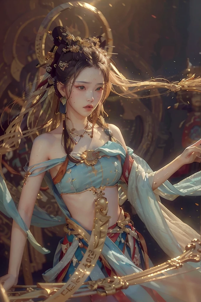 (RAW photo, best quality), (realistic, photo-realistic:1.3),best quality,highly detailed,masterpiece,ultra-detailed,illustration,1girl,upper_body,dynamic angle,world masterpiece theater,messy_long_hair,best quality,extremely detailed CG unity 8k wallpaper,ink,Amazing,cinematic lighting,lens_flare,,dunhuang_style