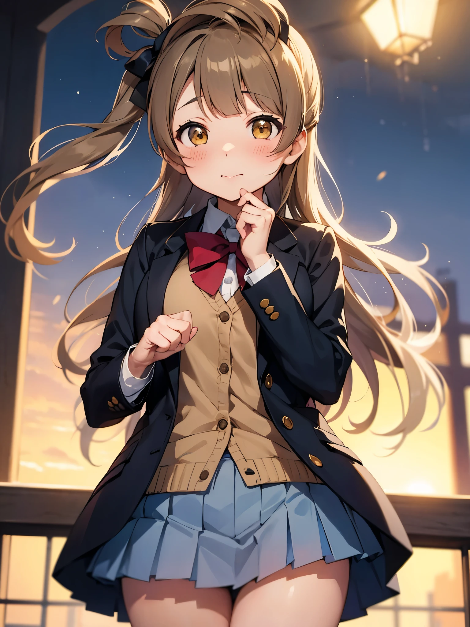 NSFW,Minami Kotori、Brown Hair、（Brown eyes：1.5）、One side up、ヘアribbon、ribbon、Long Hair、blazer、Blue Skirt、Jacket、Otonokizaka Academy uniform、Pleated skirt、、Winter clothes,(Perfect hands),(Perfect Anatomy),(masterpiece),(Highest quality),School,Embarrassed,blush