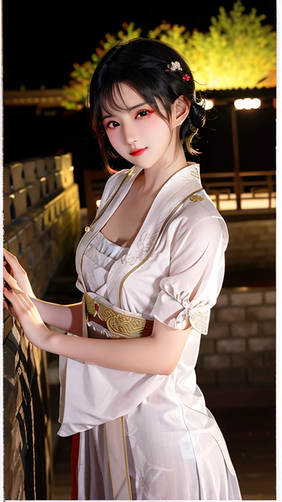 Chinese Theme, raw color photo, Medium shot, Practical, 1 Girl, A 21-year-old girl, On the Great Wall, Hanfu, best quality, delicate eyes, Beautiful and symmetrical face, slim, Detailed buttocks, breast,  innocent expression,  photoPractical, light, at night, Dynamic_color_scope，
露出中等的breast，Showing moderate cleavage，浅绿色的short hair，short hair，short hair，Red eyes，露出中等的breast，Showing moderate cleavage，浅绿色的short hair，short hair，short hair，Red eyes，