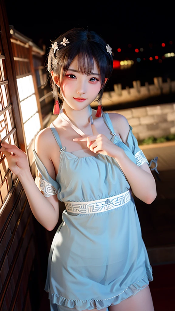 Chinese Theme, raw color photo, Medium shot, Practical, 1 Girl, A 21-year-old girl, On the Great Wall, Hanfu, best quality, delicate eyes, Beautiful and symmetrical face, slim, Detailed buttocks, breast, innocent expression, photoPractical, light, at night, Dynamic_color_scope,
露出中等的breast,Showing moderate cleavage,浅绿色的short hair,short hair,short hair,Red eyes,露出中等的breast,Showing moderate cleavage,浅绿色的short hair,short hair,short hair,Red eyes,