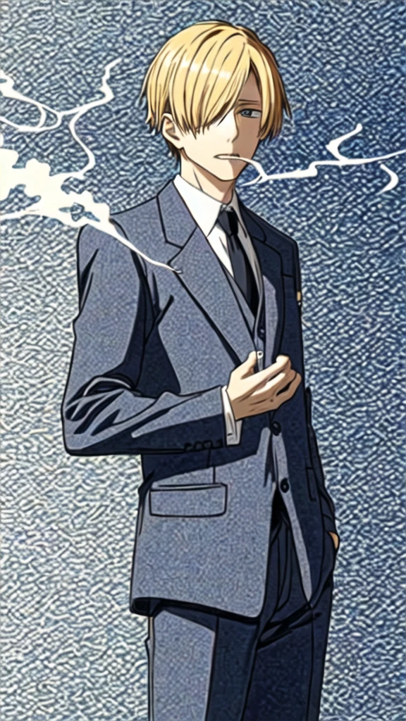 1 man, with blond hair covering one eye, wearing a suit, and smoking