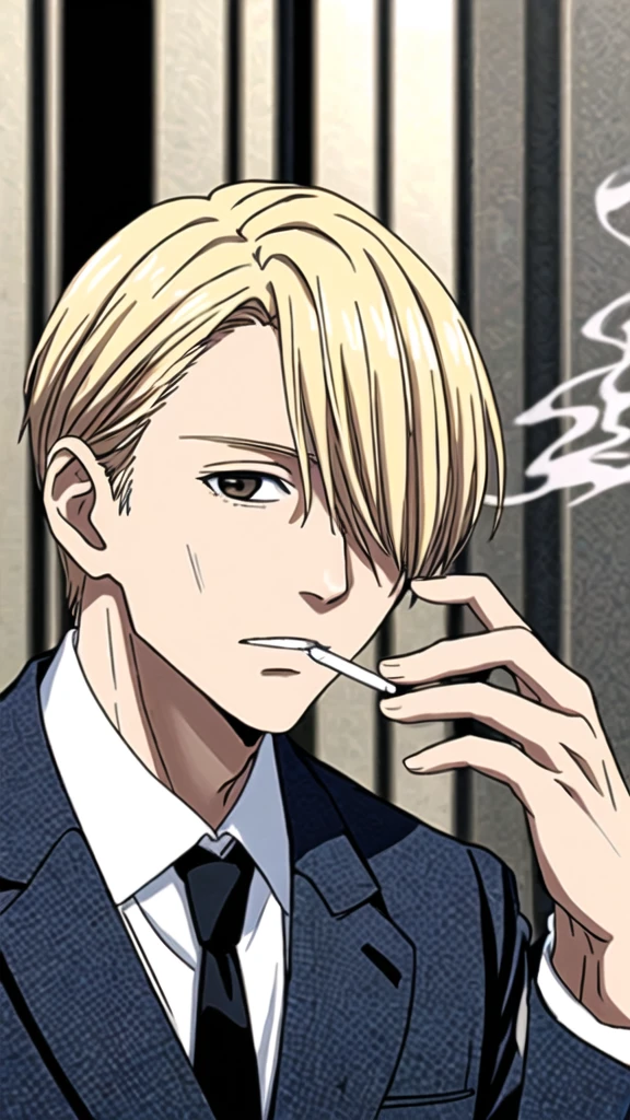 1 man, with blond hair covering one eye, wearing a suit, and smoking 