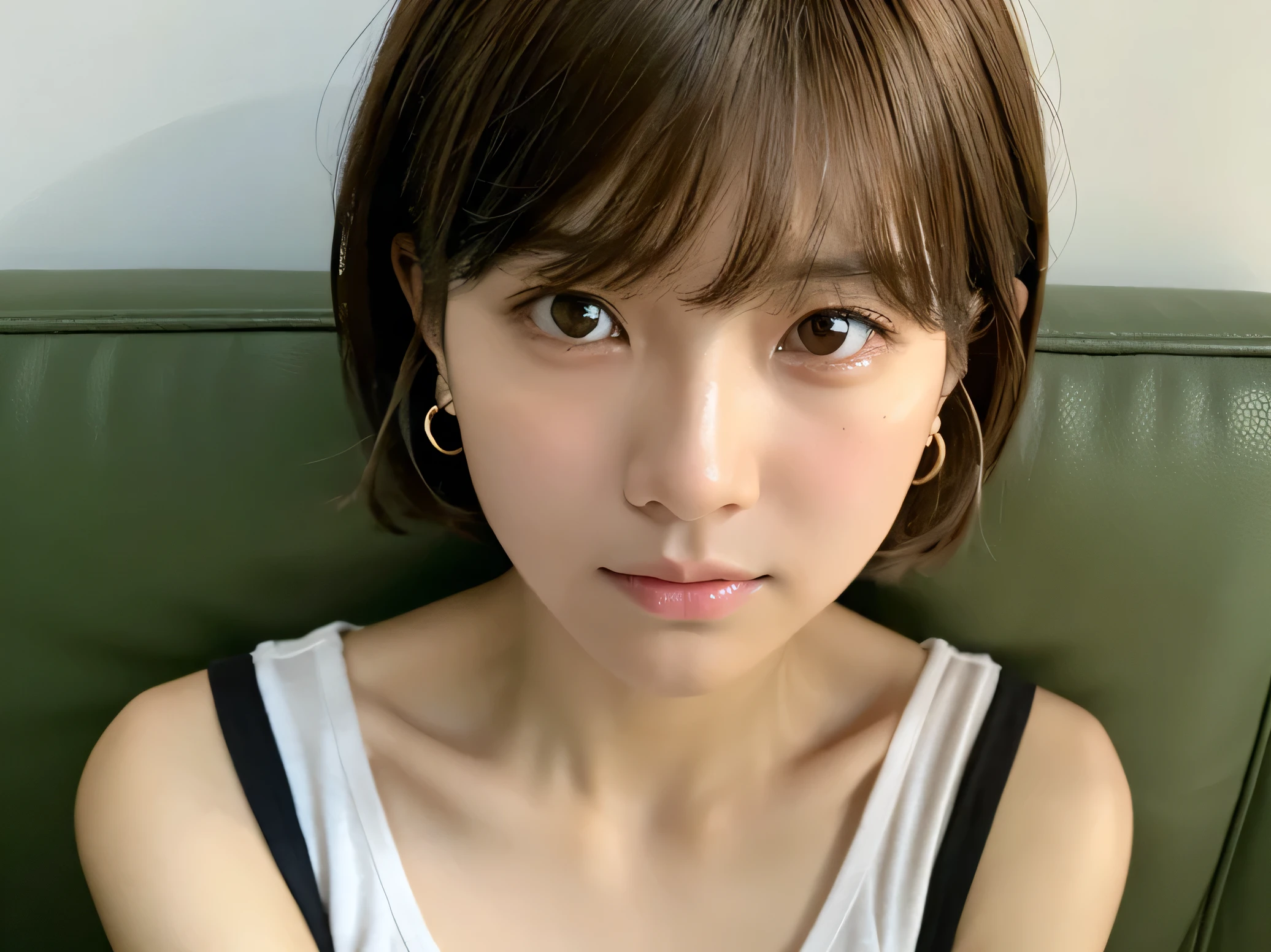 downbrouse、No bangs:1.10、straight flat chest:1.20, (leaning-forward:1.3)、(oversize tshirt、Loose-fitting T-shirt、Low Cut T-Shirt:1.5)、bra very.10, Pink areola is visible:1.20,  A Cup:1.20, Erotic, (top-quality、8K、32K、​masterpiece)、japanes、17 age、Very pretty girl、a beauty girl、crouching down、Bright smile、outside of house、shinny skin、blurry backround、short-cut:1.10、Ear hooks:1.20, A dark-haired:1.10, Upper body close-up、Shot from above　Kiss Face,sad Facial expression,embarassed expression,Alafed Girl, chiho, iwakura lain, closeup Iwakura Lain, With short hair, Shiori Teshirogi, Kotegawa Yui, hime-cut, She is 17 years old, sui ishida with black hair, lain iwakura, girl cute-fine-face, Clear pubic contours,(Small breasts), hight resolution, ighly detailed, top-quality, [​masterpiece:1.6],, ighly detailed, nffsw, finely detail, top-quality, , Cinematographic lighting, 1girl in、17 age、Cute Japan Girls、perfect body type、, Cute droopy eyes、Beautiful big eyes、ultra-detailliert、hight resolution、Transcendent beauty　top-quality、​masterpiece、majicMIX Real、(Raw photography:1.2)、(Photorealsitic:1.4)、Train、inside of a car、seating、Strap、Kamimei