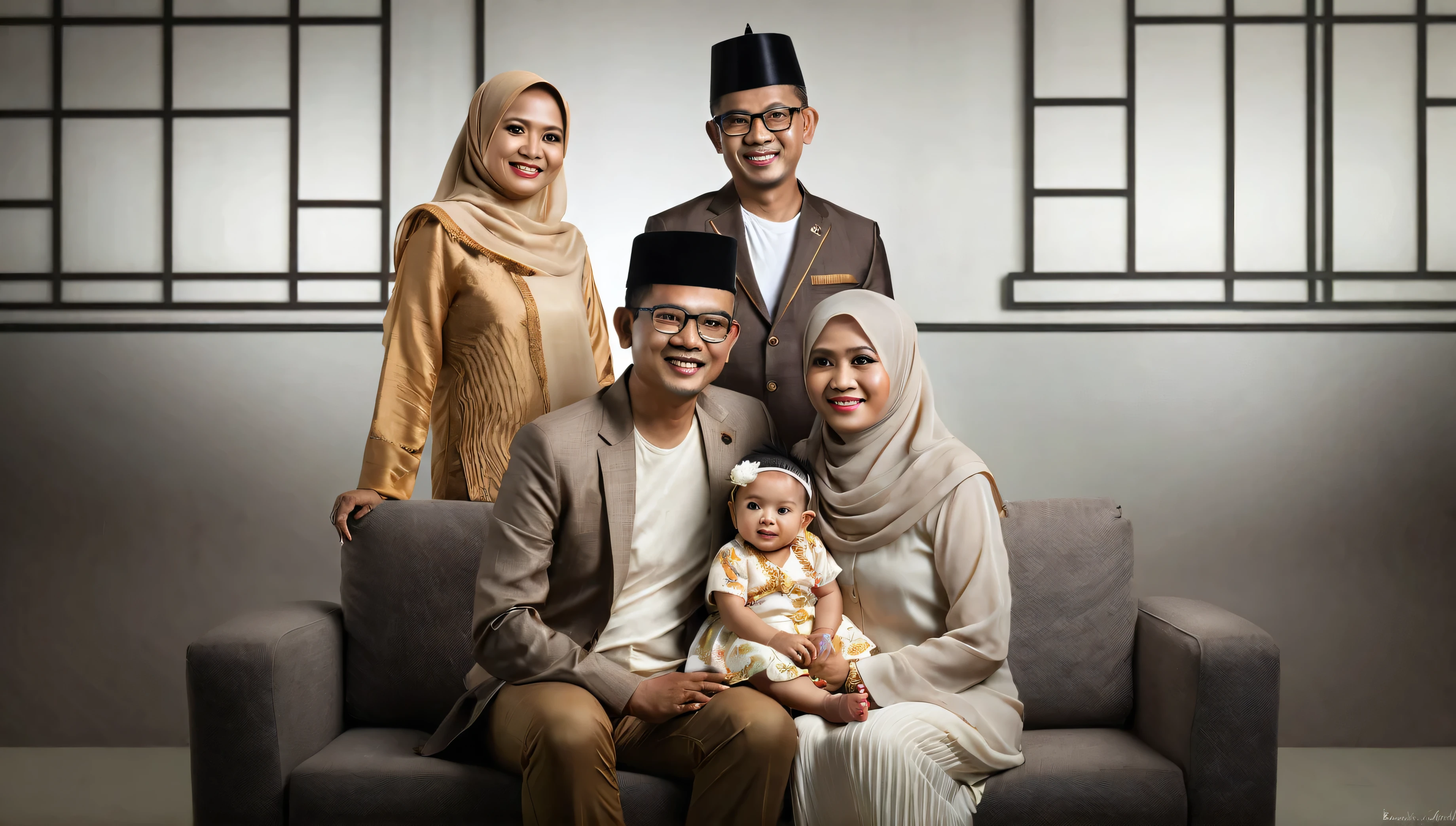 there are three people sitting on a couch with a baby, an indonesian family portrait, home photography portrait, happy family, family portrait, full protrait, family photography, barong family, by Basuki Abdullah, portraiture, portrait shot, color studio portrait, potrait, inspired by Basuki Abdullah, realism art, realistic portrait photo, highly detailed photo portrait