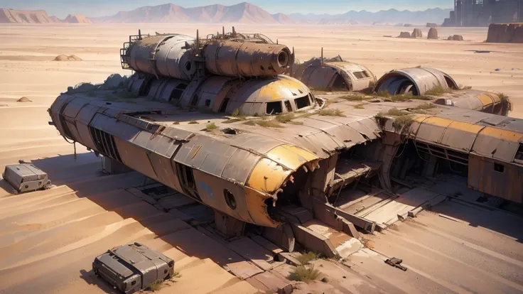 space aircraft, space ship, starship, desert, abadoned ship, disaster ship, abadoned structure, oval aircraft, covered by sand, ...