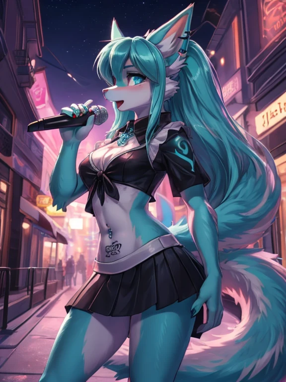 Chica anime,tennage girl 18 years old, anime style, cute hatsune miku x suicune, shy girl , Orejas de Kitsune, arte de dark natasha, city landscape, arte de vixen aztra, cuerpo completo, patas hermosas, cintura delgada, caderas amplias, navel white blouse, white&pink skirt, navel piercing, ear piercing, navel tattoo, atrevid pose, back pose, fluffly tail, sensual eyes (la mejor definicion) long hair, black flash, city party, city night life, party girl, idol girl, girl with microphone singing, deep blue eyes (HD)