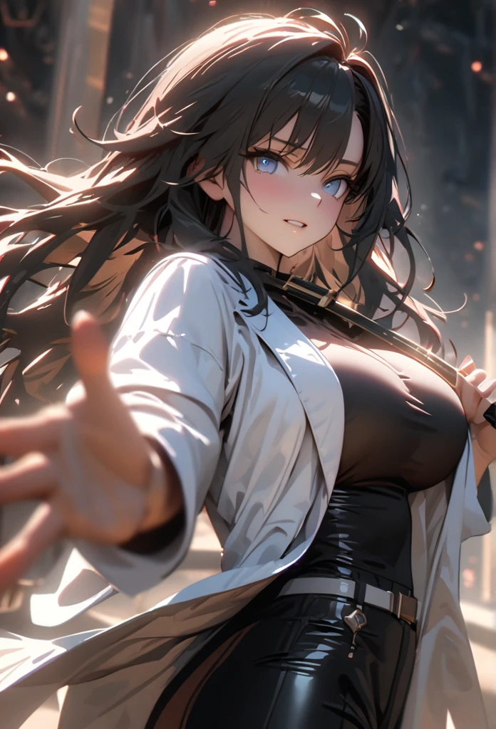 (solo), black hair, messy hair, mane hair, medium hair, dense hair, wild hair, expressive hair, mature,(25 year old), pale skin, blue eyes, ((Female)), beatiful girl, wearing a white shirt, open shirt, tight clothes, long black pants, rolled up sleeves, beautiful, attractive, large breast, and round and big ass, Holding a katana, eye reflection, depth of field, thunder aura, cinematic lighting, ray tracing, depth of field, cinematic lighting, ray tracing, UHD, high details, best quality, highres, high quality, award winning, super detail, masterpiece, 8k, UHD, high details, best quality, highres, high quality, award winning, super detail, masterpiece, 8k, digital art, anime coloring, body shot, good face, perfect face, detailed face, good eyes. Space and planets background