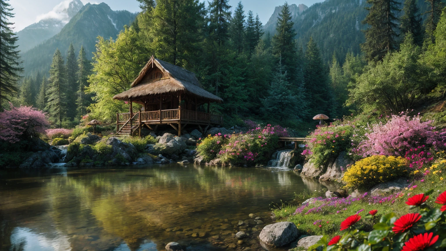 There is a hut under the big tree, beside of the stream, two boat in the water, mountain background, , flowers beside fence, masterpiece, best quality, high quality, extremely detailed CG unity 8k wallpaper, An enchanting and dreamy scene of a fantasy forest, with towering trees, glowing mushrooms, and hidden fairy glens, creating a sense of mystique and enchantment, art station,
intricate, trending, Depth of Field, HDR, bloom, Chromatic Aberration ,Hyper realistic ,extremely detailed, trending on art station, trending on CGsociety, Intricate, High Detail, dramatic, art by midjourney,
((Real photo)), ((real photo))