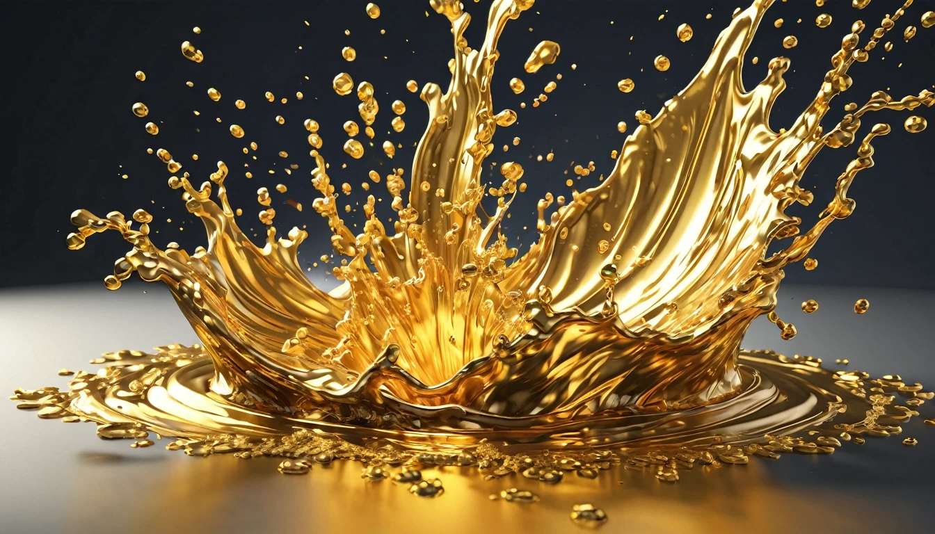 3D illustration of a splash of molten gold metal close up