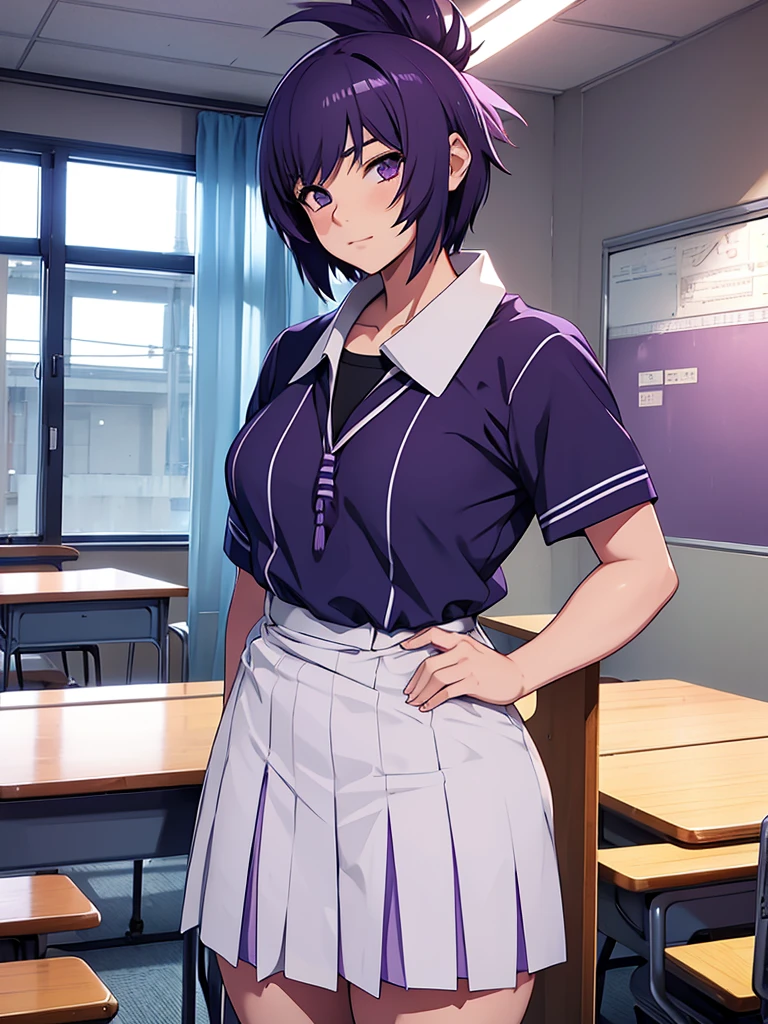 1women, as a high girl, wearing Japanese highschool uniform with white shirt and blue skirt, at a classroom, purple colour short hair, 8k, high detailed, high quality