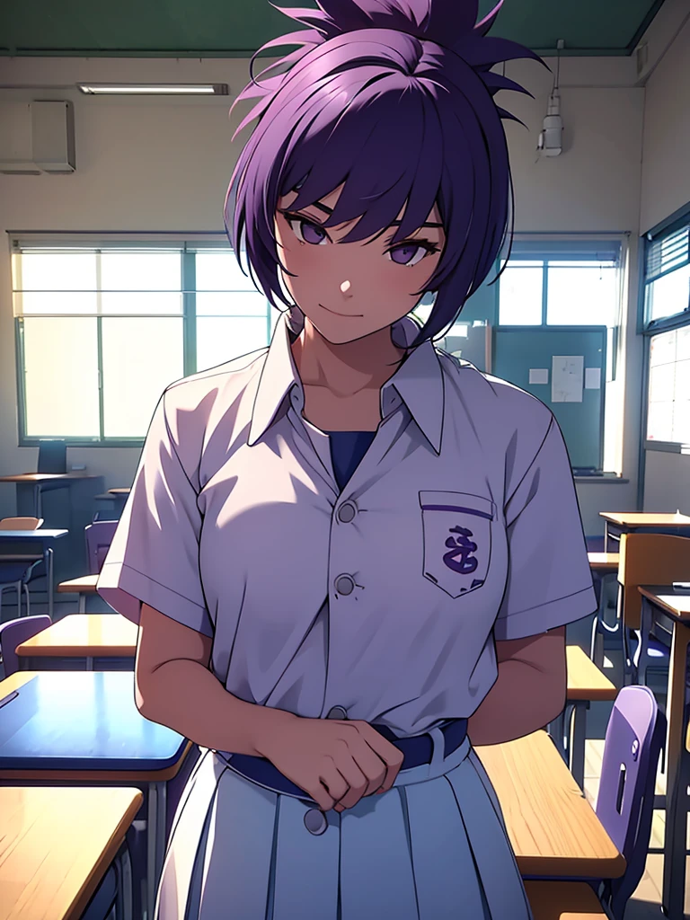 1women, as a high girl, wearing Japanese highschool uniform with white shirt and blue skirt, at a classroom, purple colour short hair, 8k, high detailed, high quality