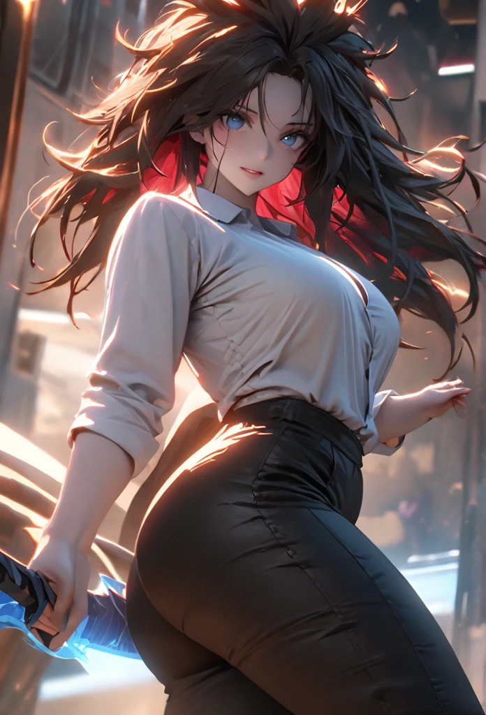(solo), older looking woman, black hair, messy hair, mane hair, long hair, dense hair, wild hair, expressive hair, mature,(25 year old), pale skin, blue eyes, ((woman)), beautiful girl, cheeky, wearing a white suit, with rolled up sleeves, open shirt, huge breast, medium ass, black pants, sword, beautiful, giant smile, crazy, attractive, eye reflection, depth of field, thunder aura,cinematic lighting, ray tracing, depth of field, cinematic lighting, ray tracing, UHD, high details, best quality, highres, high quality, award winning, super detail, masterpiece, 8k, UHD, high details, best quality, highres, high quality, award winning, super detail, masterpiece, 8k, digital art, anime coloring, body shot, good face, perfect face, detailed face, good eyes. in Space, stars and planets