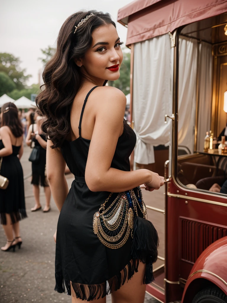A 25-year-old woman, wear a 1920 tassel sequione flapper dress, adorned with sequins and fringe, event on Governors Island, where attendees dress in period attire and enjoy live jazz music, dancing, vintage cars, and prohibition-era cocktails. It’s a nostalgic celebration of the Jazz Age, attracting fans of history and vintage culture, the event is outside, Her dark brown hair Pompadour: Long hair was swept up and back off the forehead into a voluminous style, with the back often pinned or rolled. This dramatic look was sometimes combined with Marcel or finger waves, She holds a vintage clutch in one hand, her bold red lips reflecting the spleasant smile of the ambient glow of the art deco surroundings,