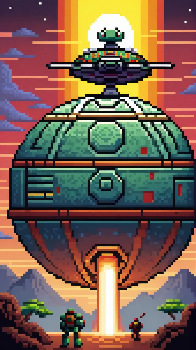 There is a basketball with red and yellow stripes., Spherical robot, Giant Aztec spaceship, teonanacatl symbol, Simple round back, Round design, Scepter and shield, Full equipment, ancient spaceship, Ancient symbols behind, top - view, bass drum, with a round face, The planet was destroyed., half turtle, turtle, Cells are shaded, making them 8 bit pixels.