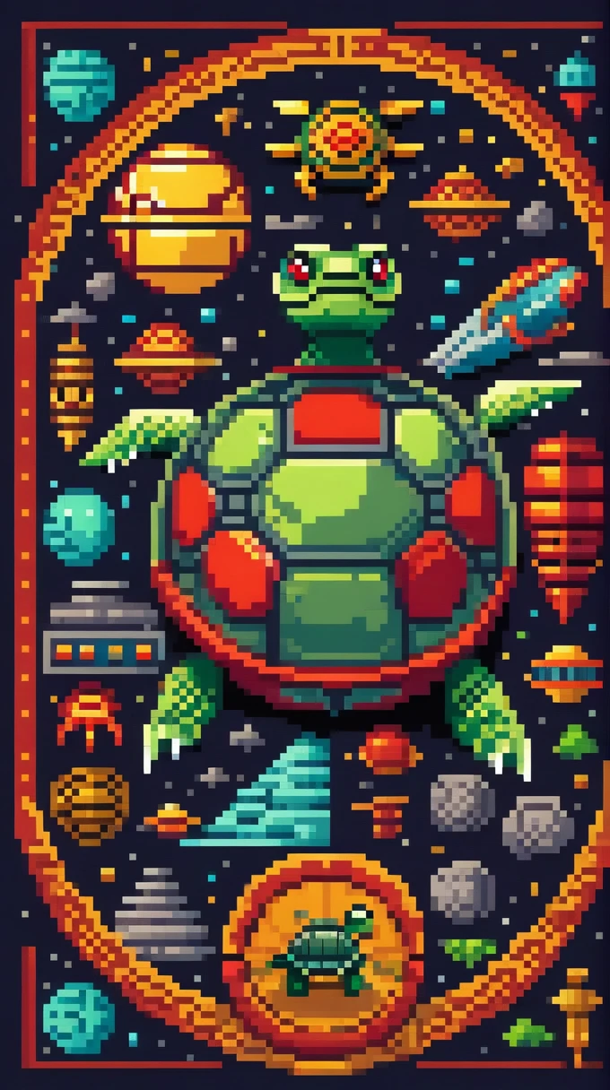 There is a basketball with red and yellow stripes., Spherical robot, Giant Aztec spaceship, teonanacatl symbol, Simple round back, Round design, Scepter and shield, Full equipment, ancient spaceship, Ancient symbols behind, top - view, bass drum, with a round face, The planet was destroyed., half turtle, turtle, Cells are shaded, making them 8 bit pixels.