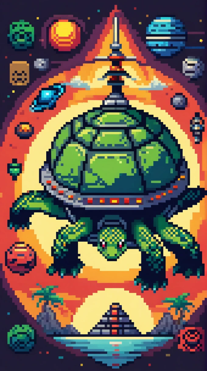 There is a basketball with red and yellow stripes., Spherical robot, Giant Aztec spaceship, teonanacatl symbol, Simple round back, Round design, Scepter and shield, Full equipment, ancient spaceship, Ancient symbols behind, top - view, bass drum, with a round face, The planet was destroyed., half turtle, turtle, Cells are shaded, making them 8 bit pixels.