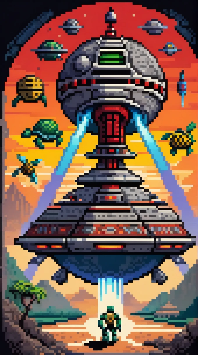 There is a basketball with red and yellow stripes., Spherical robot, Giant Aztec spaceship, teonanacatl symbol, Simple round back, Round design, Scepter and shield, Full equipment, ancient spaceship, Ancient symbols behind, top - view, bass drum, with a round face, The planet was destroyed., half turtle, turtle, Cells are shaded, making them 8 bit pixels.