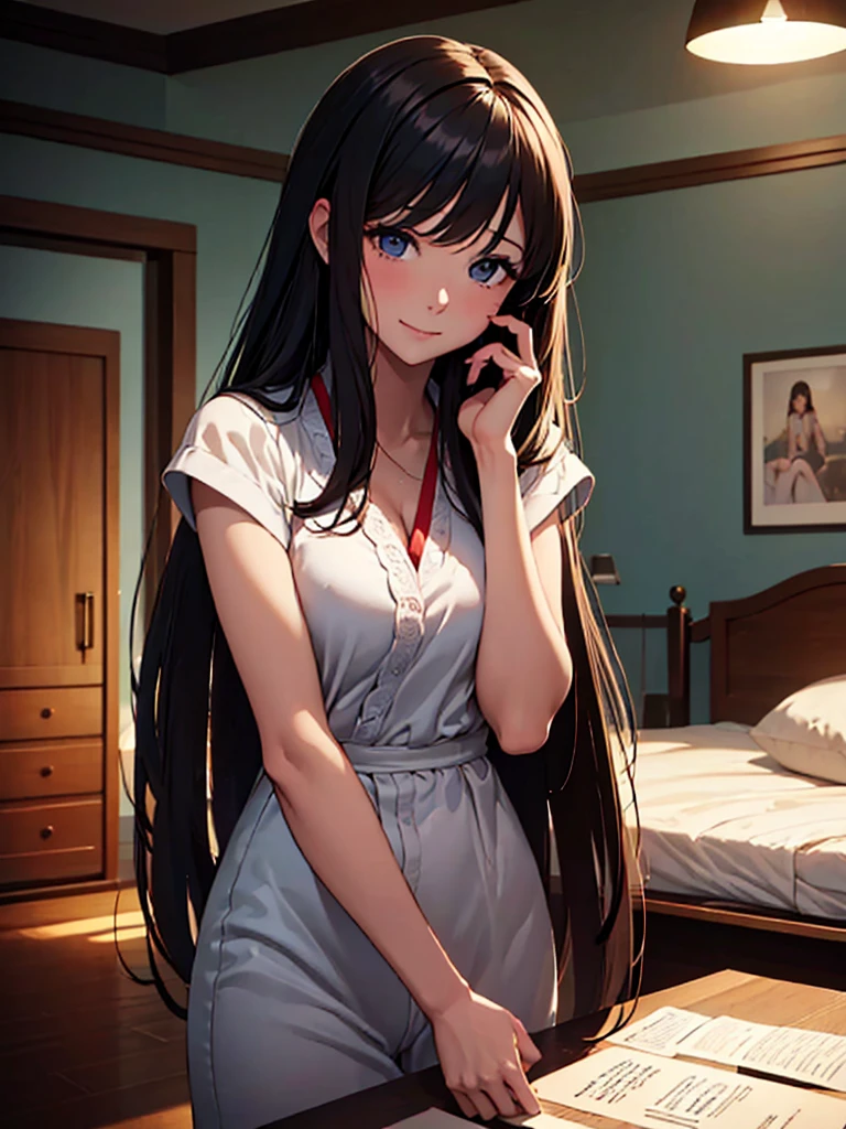 (masterpiece、top-quality、hight resolution), We capture a woman who has just been discovered to be a call girl by a man she is familiar with. Despite the awkward situation, she tries to remain calm and professional. She speaks with a mixture of resignation and determination." Treat me like any other call girl. Thank you for choosing me. Let's have sex in a pleasant way." The setting is a dimly lit room, and the focus is on her efforts to maintain her attitude as a sex worker, even though she is nervous about the fact that she is about to have sex with someone she knows. nsfw, A woman with a resigned smile, her eyes reflecting a sense of defeat.