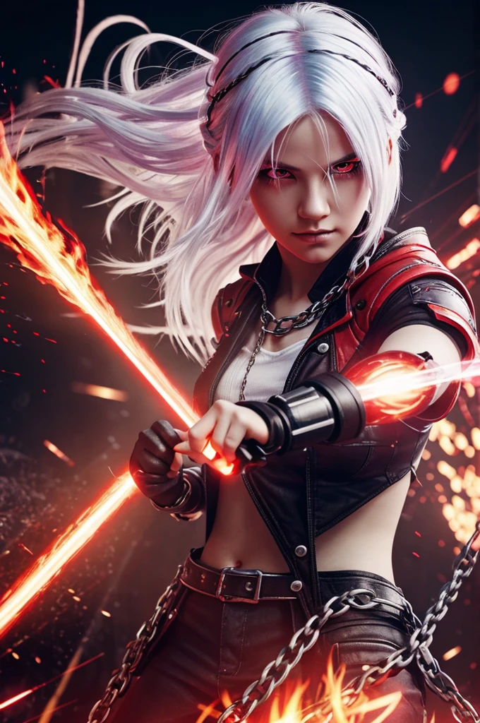 colorful, 1 girl, white hair, red eyes, Single carry, chain, holding chain, Red flame, glow, glowing weapon, light particles, Wallpaper, Chromatic aberration,