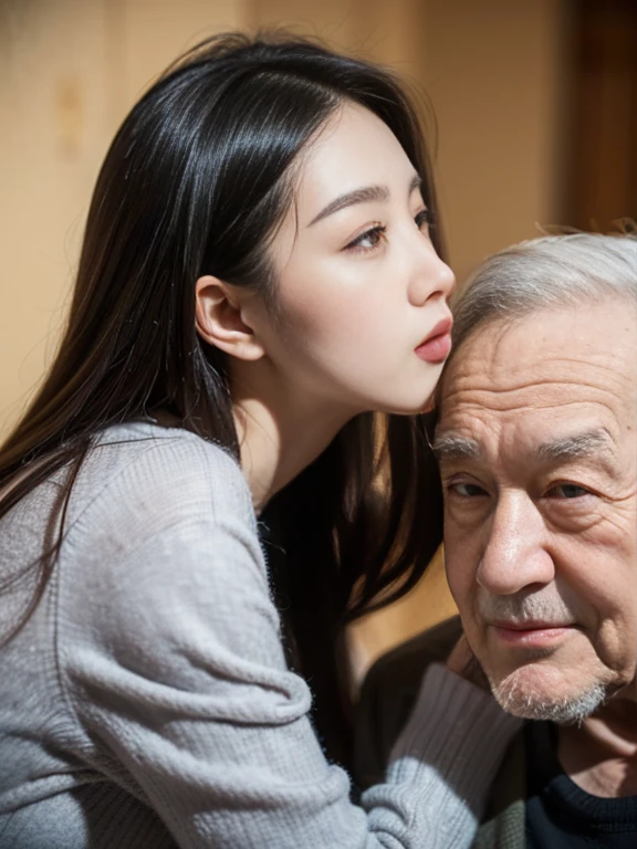 A Chinese man and a young Korean woman are kissing, age difference, age difference, giant size, ((80 year old man, cao 1m80, bearded, Wrinkles on man&#39;s face, muscular body, smiling face, body full of hair, broad shoulders, eo hẹp, 8-pack abs, hug standing, squeeze the girl&#39;s chest)), ((18 years old sexy young girl, cao 1m60, small size and skinny, long black hairstyle, face red because of embarrassment, tư thế tình dục, kiss, ngực F cup)), 40 year old man, A young girl, sea, wooden hut, Detailed face, thực tế, ngực, nude, tình dục, see-through tank top, large chest groove, small areola; full body photo, The man kisses the girl&#39;s neck