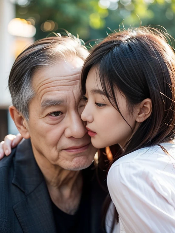 A Chinese man and a young Korean woman are kissing, age difference, age difference, giant size, ((80 year old man, cao 1m80, bearded, Wrinkles on man&#39;s face, muscular body, smiling face, body full of hair, broad shoulders, eo hẹp, 8-pack abs, hug standing, squeeze the girl&#39;s chest)), ((18 years old sexy young girl, cao 1m60, small size and skinny, long black hairstyle, face red because of embarrassment, tư thế tình dục, kiss, ngực F cup)), 40 year old man, A young girl, sea, wooden hut, Detailed face, thực tế, ngực, nude, tình dục, see-through tank top, large chest groove, small areola; full body photo, The man kisses the girl&#39;s neck