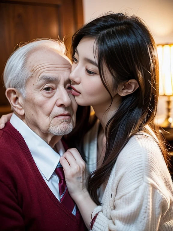 A Chinese man and a young Korean woman are kissing, age difference, age difference, giant size, ((80 year old man, cao 1m80, bearded, Wrinkles on man's face, muscular body, smiling face, body full of hair, broad shoulders, eo hẹp, 8-pack abs, hug standing, squeeze the girl's chest)), ((18 years old sexy young girl, cao 1m60, small size and skinny, long black hairstyle, face red because of embarrassment, tư thế tình dục, kiss, ngực F cup)), 40 year old man, A young girl, sea, wooden hut, Detailed face, thực tế, ngực, nude, tình dục, see-through tank top, large chest groove, small areola; full body photo, The man kisses the girl's neck