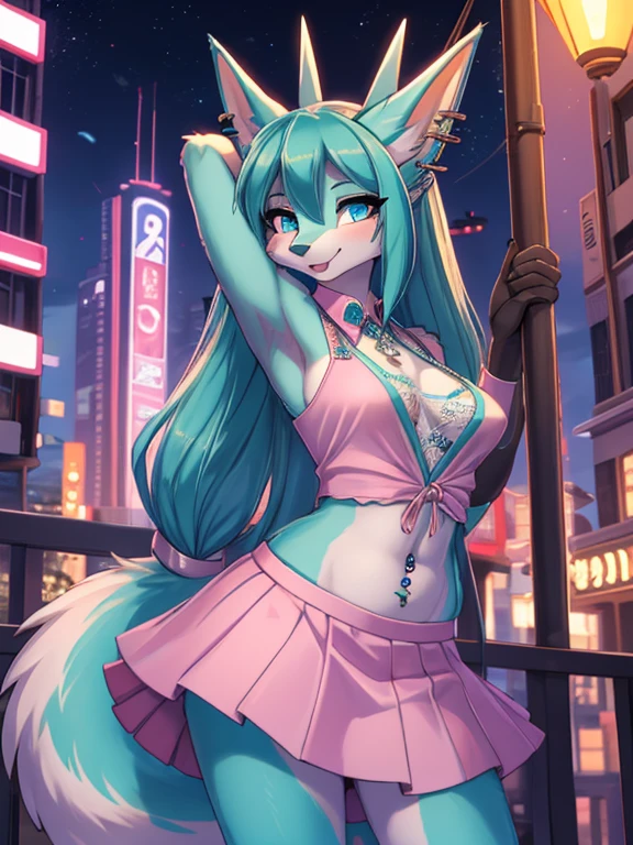 Chica anime,tennage girl 18 years old, anime style, cute hatsune miku x suicune, shy girl , Orejas de Kitsune, arte de dark natasha, city landscape, arte de vixen aztra, cuerpo completo, patas hermosas, cintura delgada, caderas amplias, navel white blouse, white&pink skirt, navel piercing, ear piercing, navel tattoo, atrevid pose, back pose, fluffly tail, sensual eyes (la mejor definicion) long hair, black flash, city party, city night life, party girl, idol girl, girl with microphone singing, deep blue eyes (HD), white&pink dress