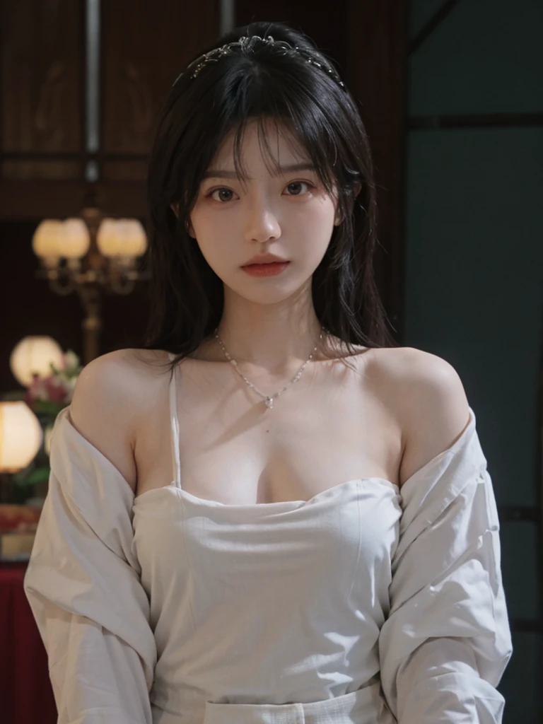 best quality， ultra high resolution， （realistically：1.4），cute hairpin，Baoyu Girl，Standing in the wedding hall，Fairy spirit fluttering，（flat chest：1.2） ，A pair of clear and charming peach blossom eyes，Royal sister，The sun shines on the face，Big wavy hairstyle，（necklace：1.2），（White skin：1.4），a sense of atmosphere，a beautiful girl，Looking directly at the viewer， Close-up cleavage ，(lifelike:1.4),1 girl,Sexy,(Upper body:1.4),(wet),(:1.2) naked body, 